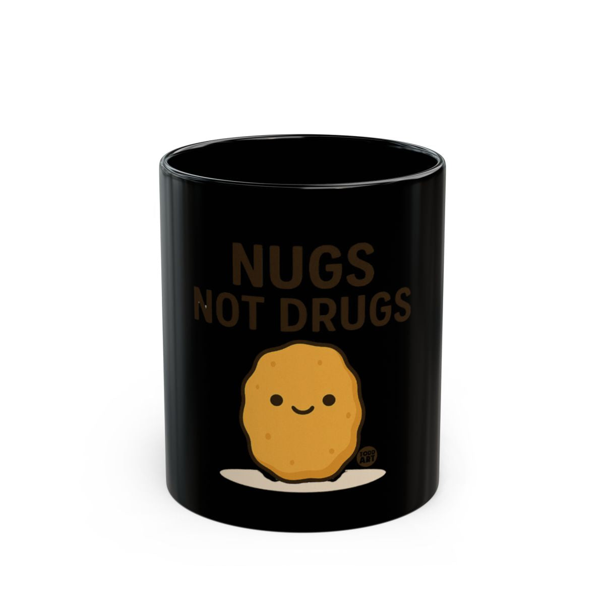Nugs Not Drugs Black Mug with Cute Nugget Illustration