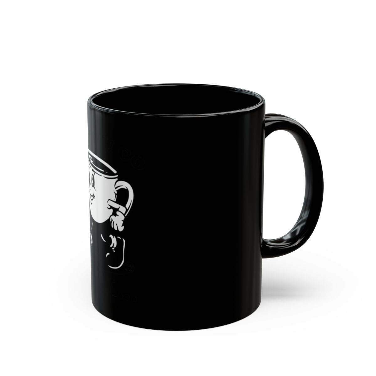 Black Coffee Mug with Retro Style Cartoon Design