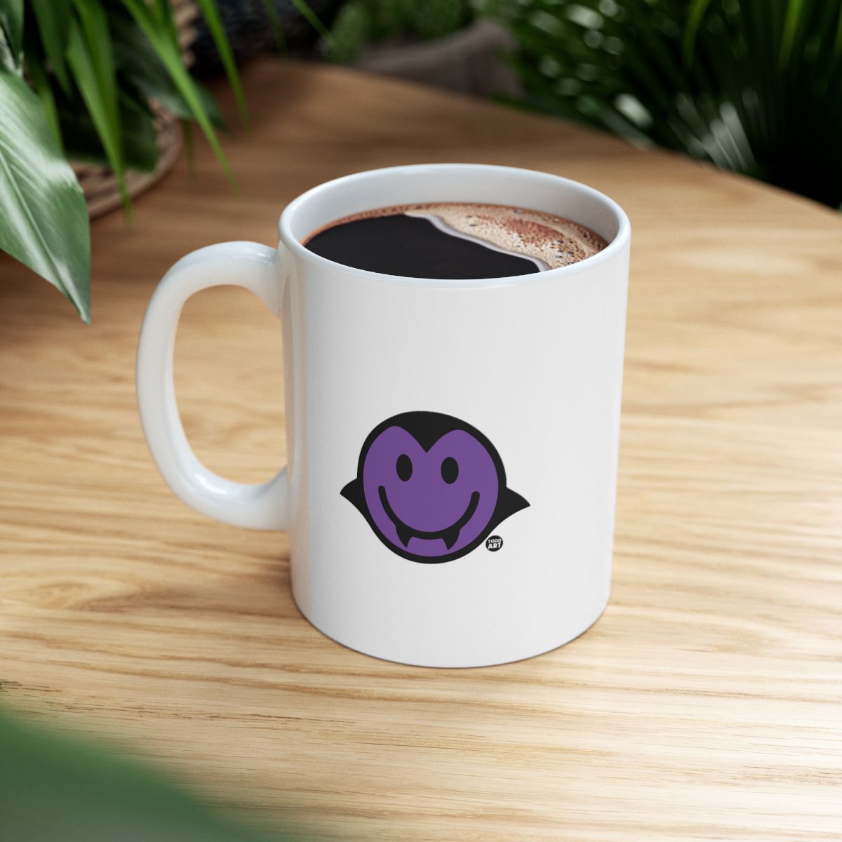 Purple Smiley Vampire Face Design Coffee Mug