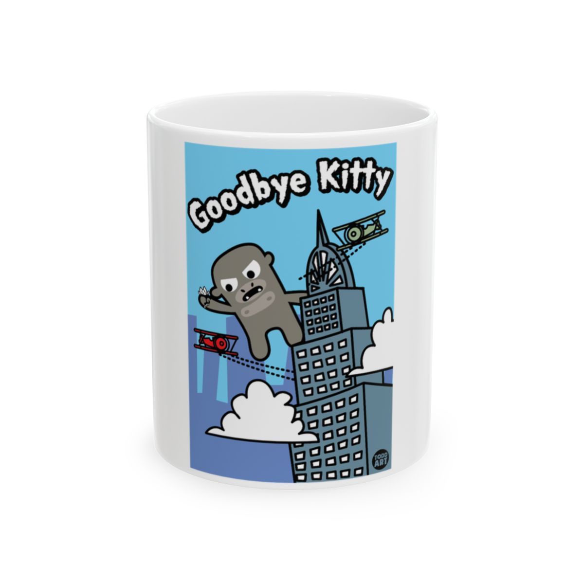 Fun Goodbye Kitty Cartoon Design on White Mug