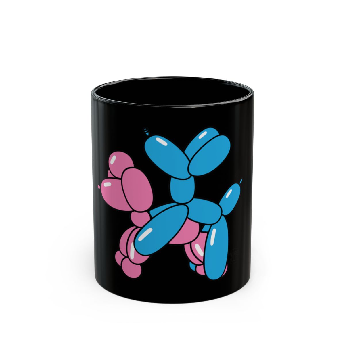 Blue and Pink Balloon Animal Art on Black Mug