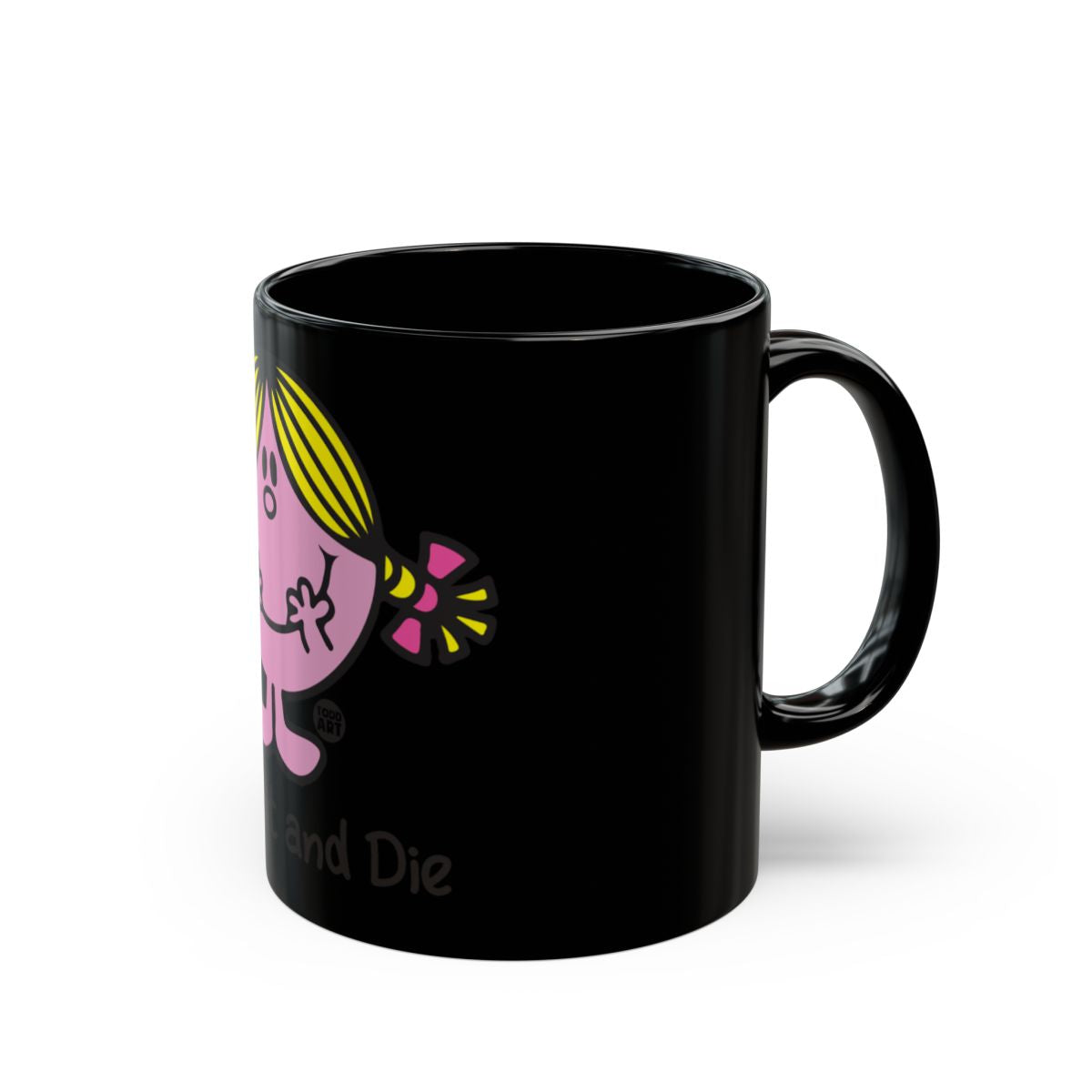Funny Pink Cartoon Character on Black Ceramic Mug
