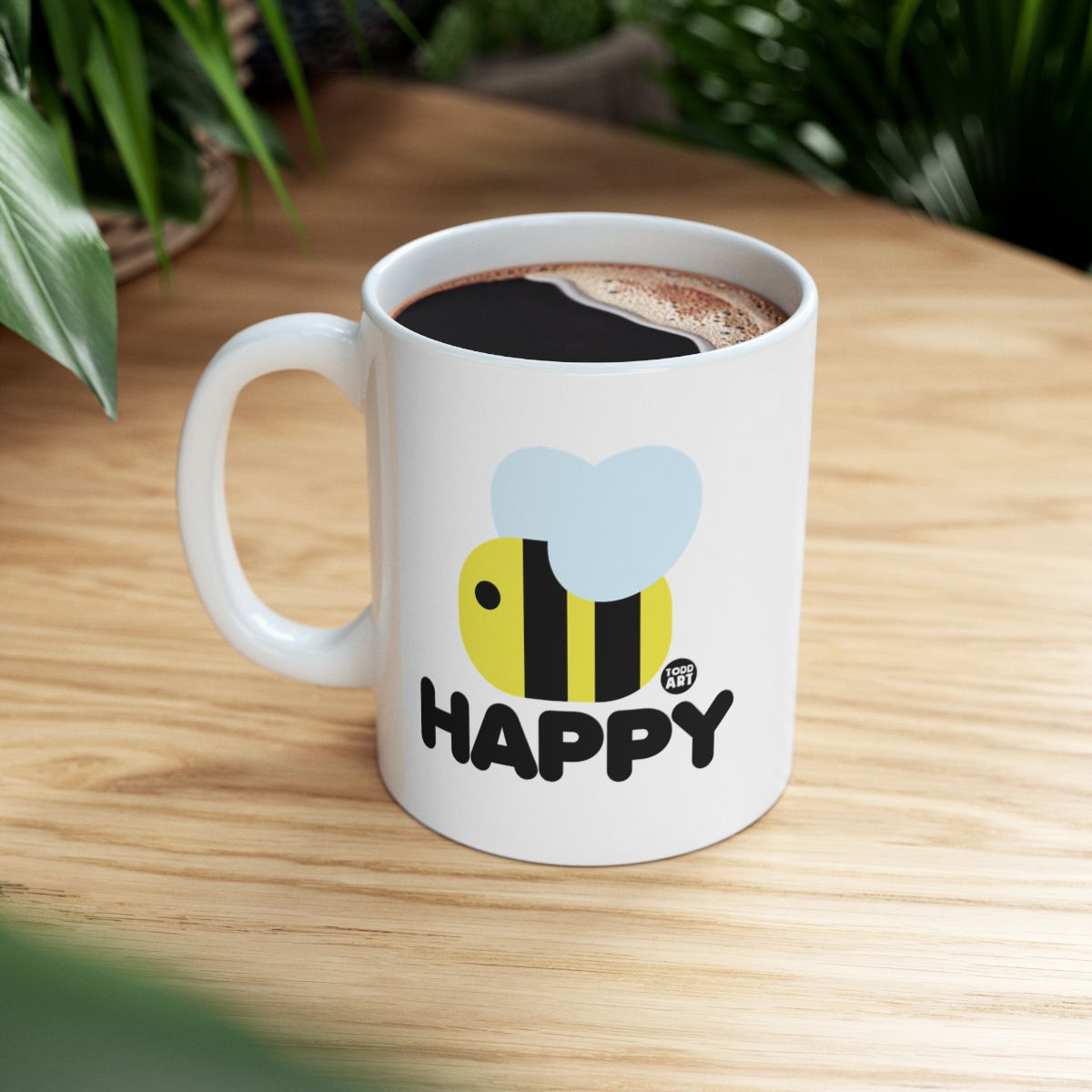 Bee and Happy Text White Coffee Mug