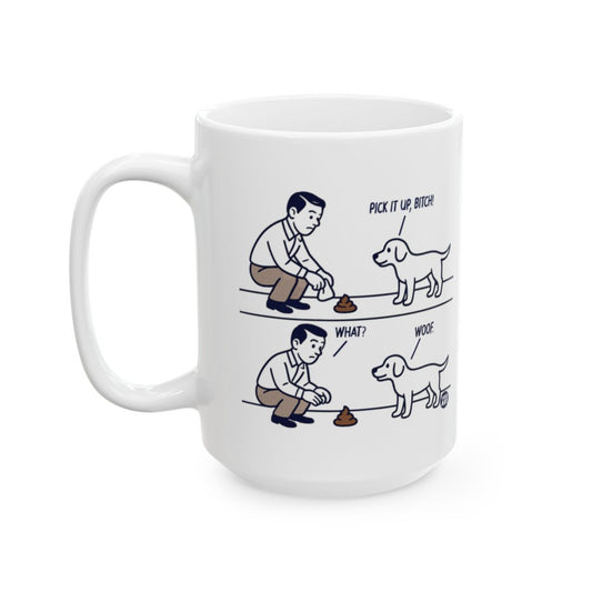 Funny Dog Owner Cartoon Mug with Humorous Dialogue