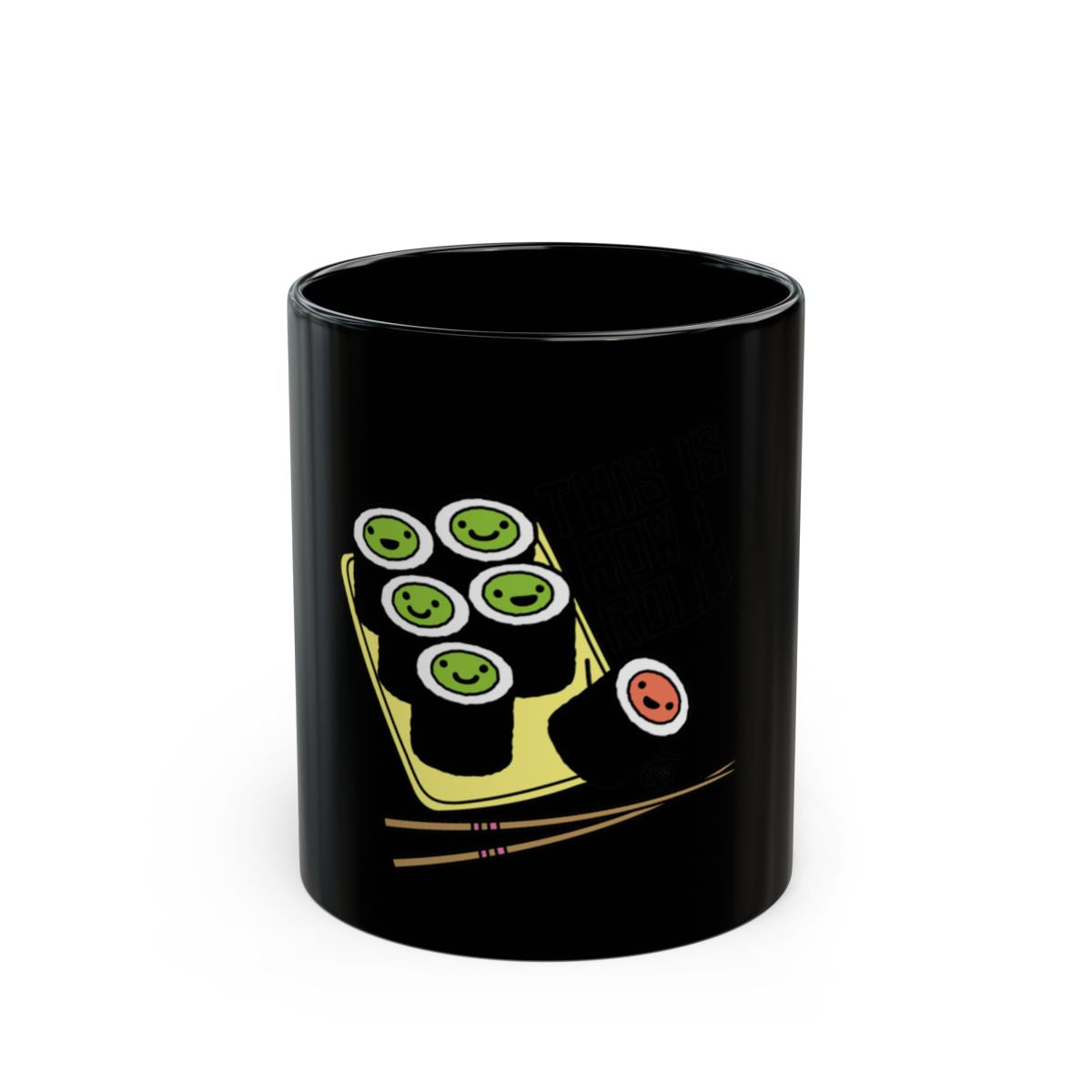 Cute Sushi Rolls Design on Trendy Black Mug