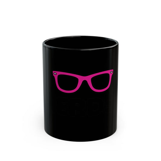Stylish Black Mug with Pink Glasses Design