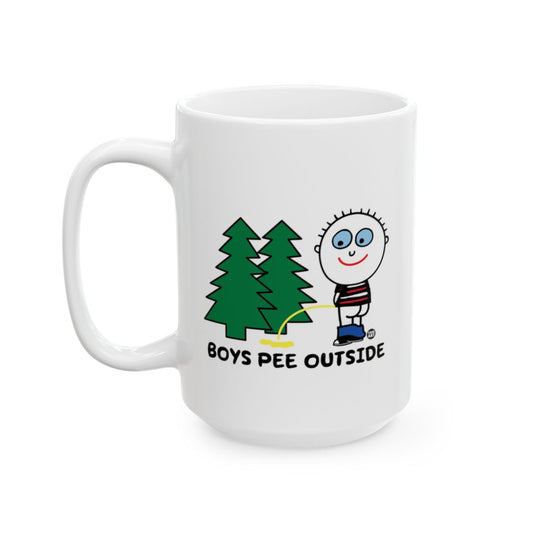 Boys Pee Outside Coffee Mug with Funny Cartoon Design