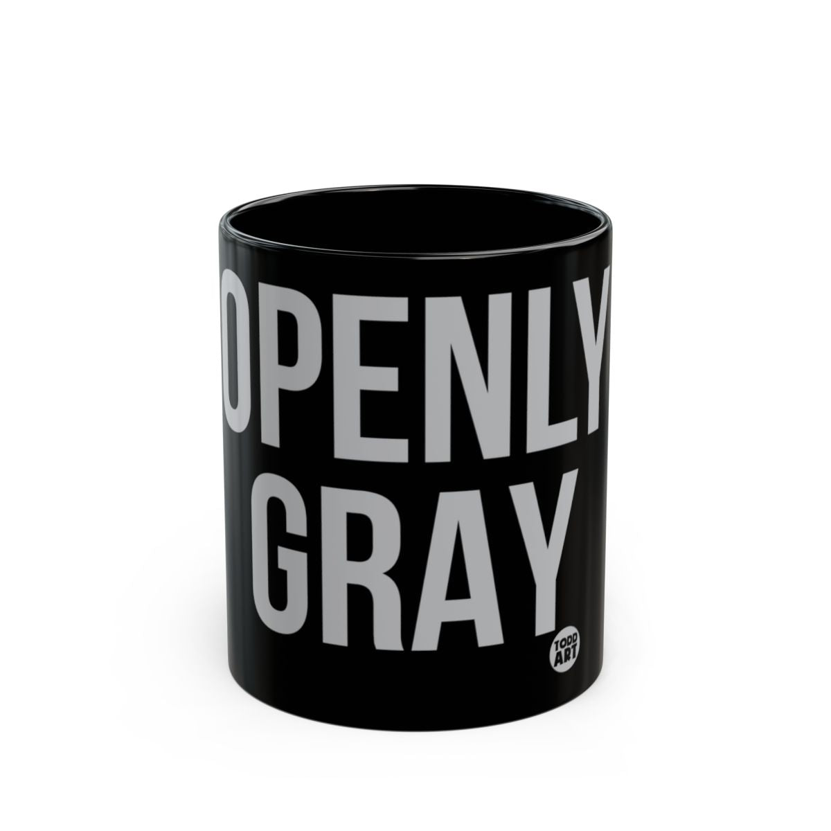 BLACK MUG WITH BOLD OPENLY GRAY TEXT COFFEE PRODUCT
