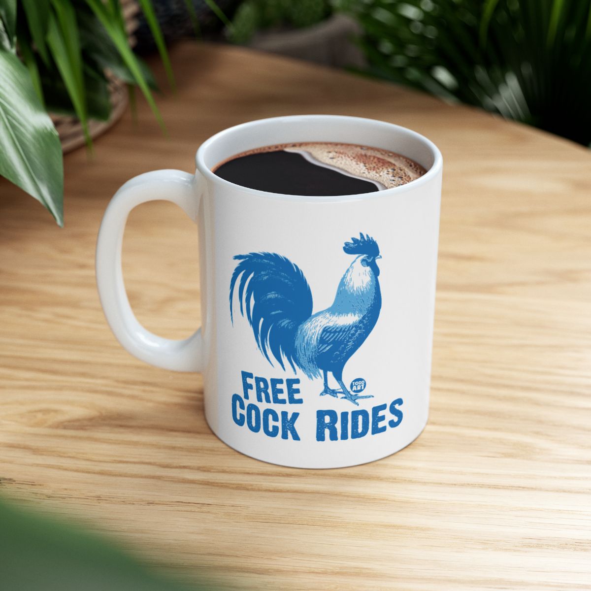 Quirky White Mug with Free Cock Rides Illustration
