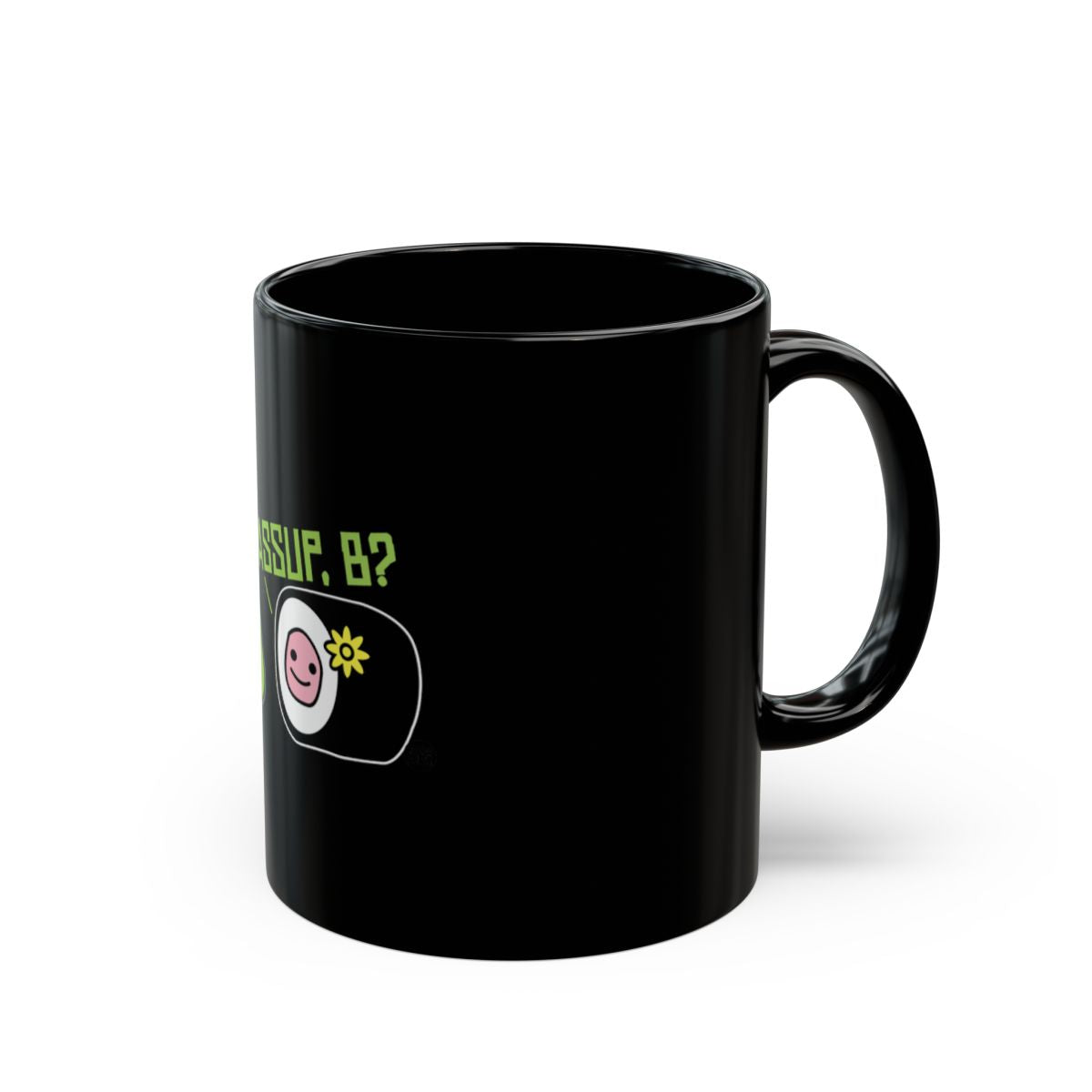 Funny Black Mug with Cute Cartoon Sushi Design