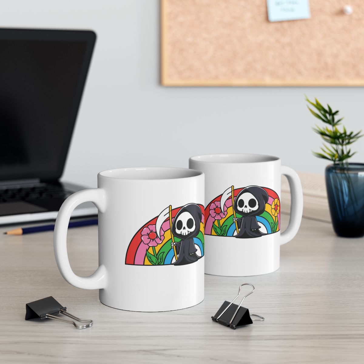 Grim Reaper with Flowers and Rainbow Design Mug