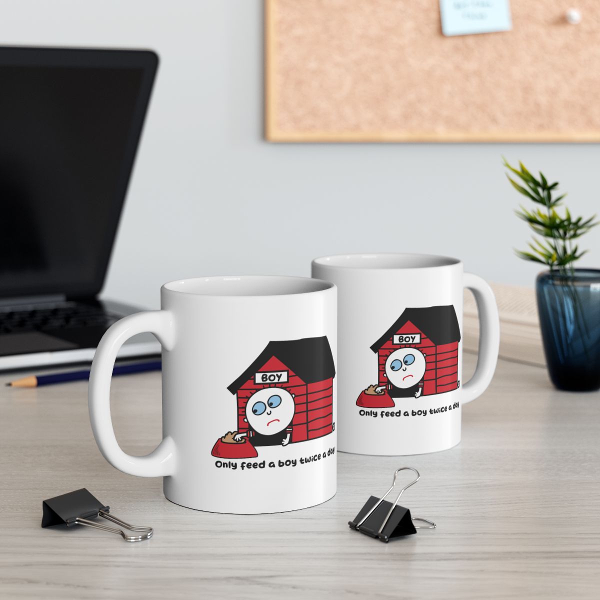 Funny Cartoon Mug with Boy and Doghouse Print