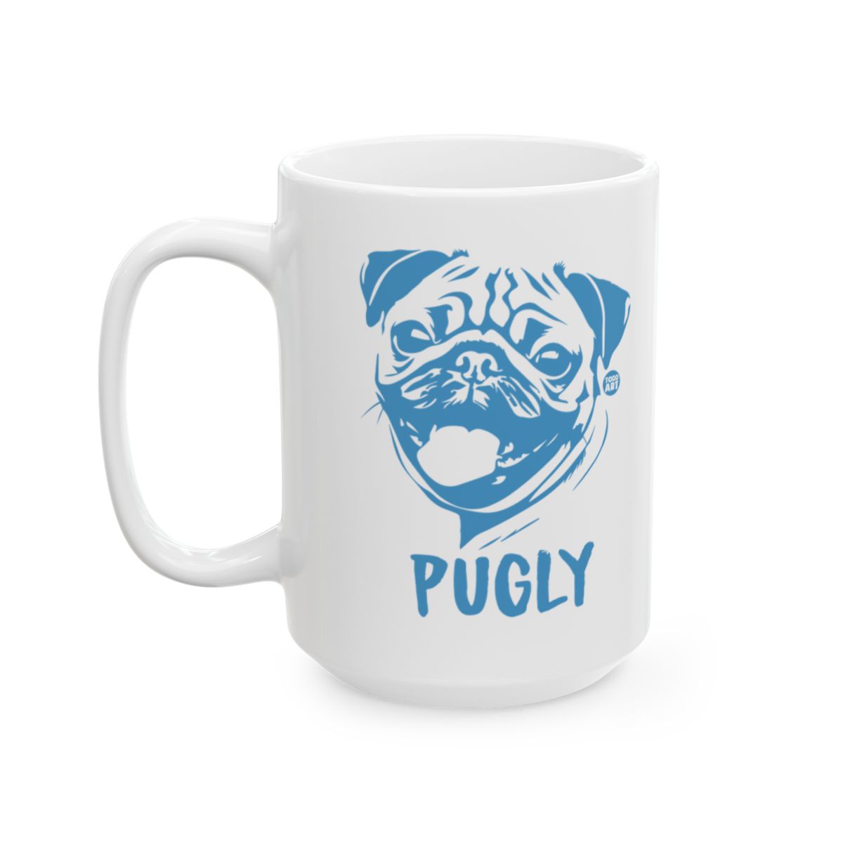 Pugly illustration on white mug with pug design