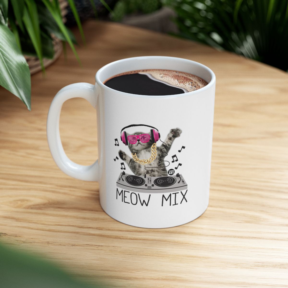 Cute Cat DJ With Headphones and Meow Mix Mug