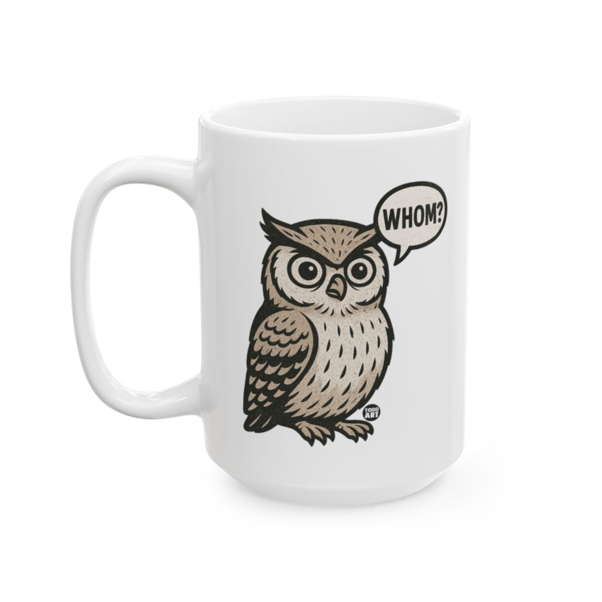 Owl with Whom Speech Bubble Graphic Mug
