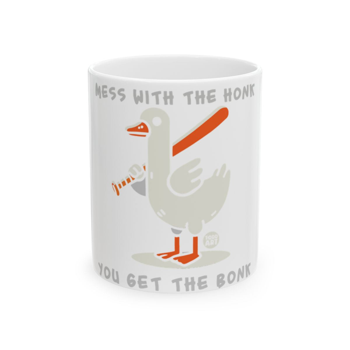 Goose with Red Bat Graphic on White Mug