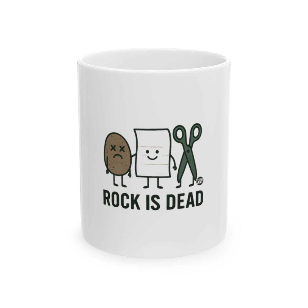 Funny Rock Is Dead Mug Featuring Cute Cartoon Characters
