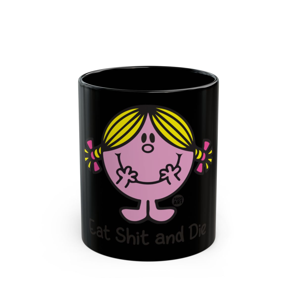 Eat Shit and Die Black Mug with Cartoon Design