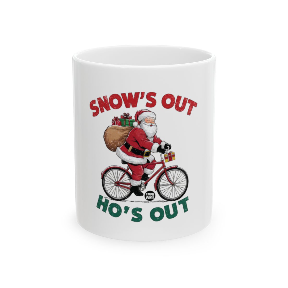 Santa on Bicycle Snow's Out Ho's Out Mug