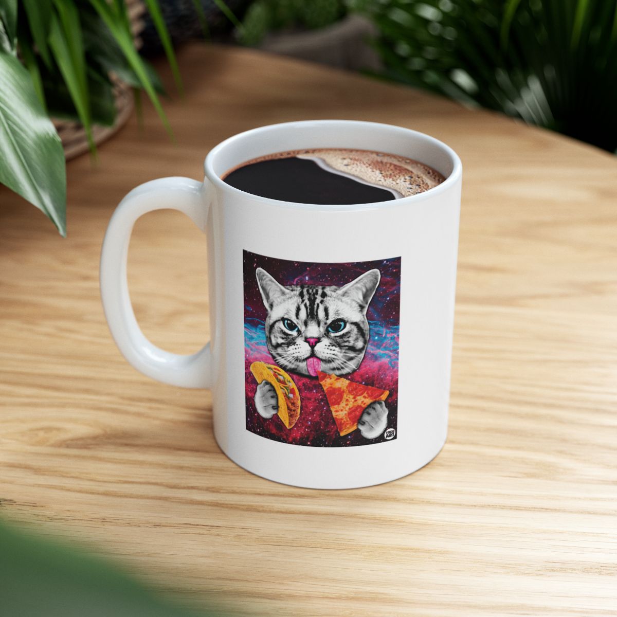 Funny Cat Drinking Mug with Pizza Artwork Design