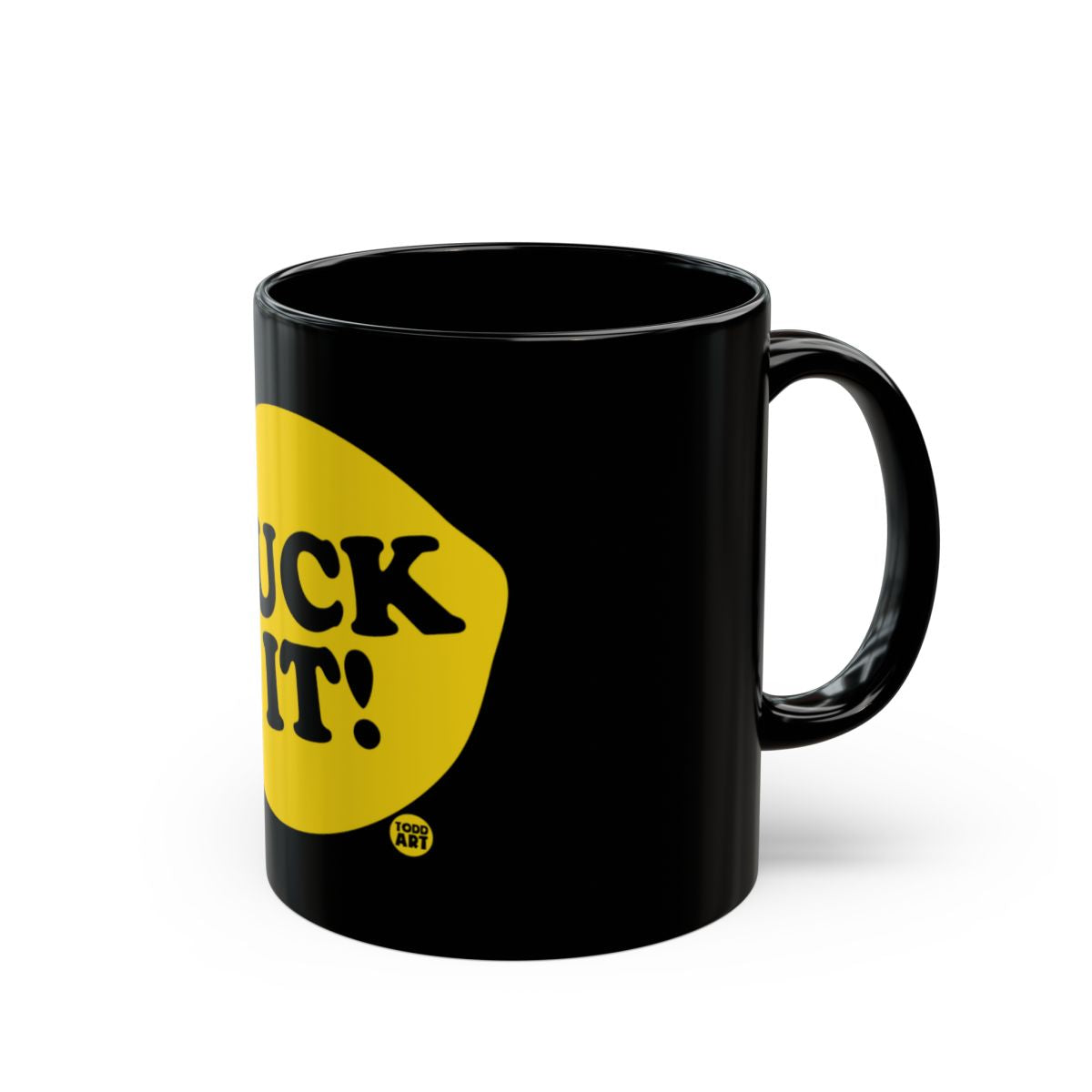 Black Coffee Mug with Bold Yellow Graphic Design