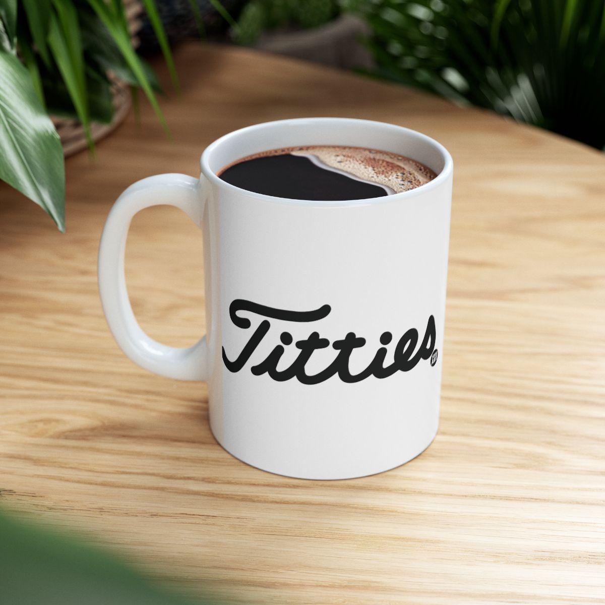 White Coffee Mug with Titties Text Design