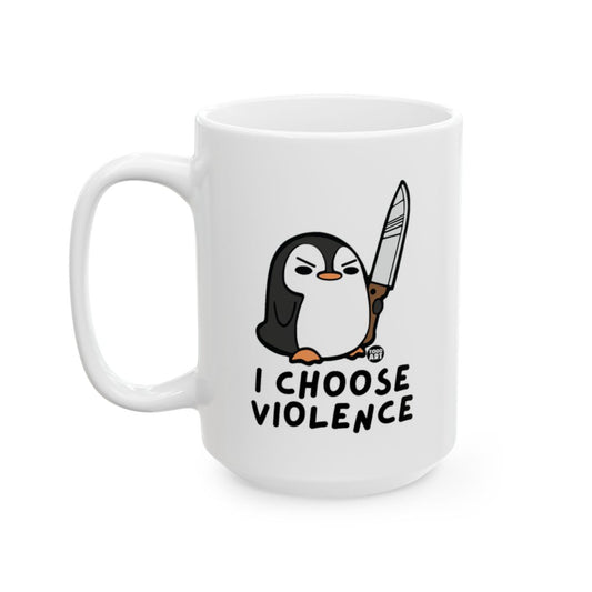 White ceramic mug featuring a penguin holding a knife with the words “I Choose Violence,” designed by Todd Art