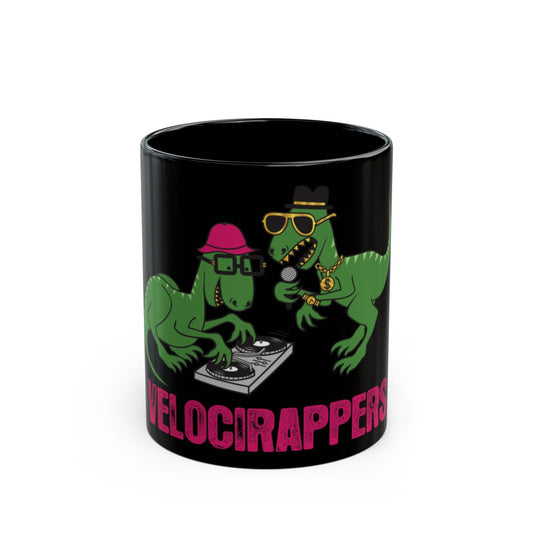 Velocirappers mug with two cool green dinosaurs rapping