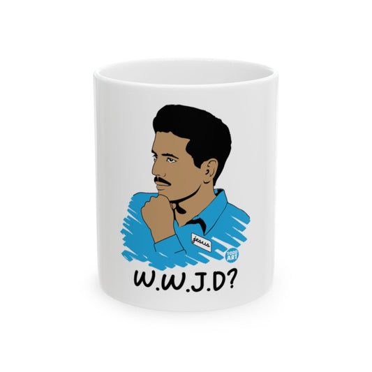 Unique WWJD Handled Mug with Hand-drawn Illustration