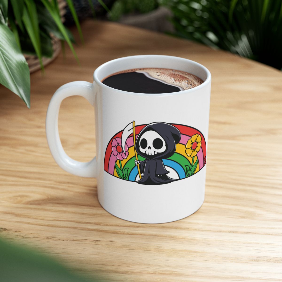 Cute Grim Reaper Mug with Colorful Rainbow Design