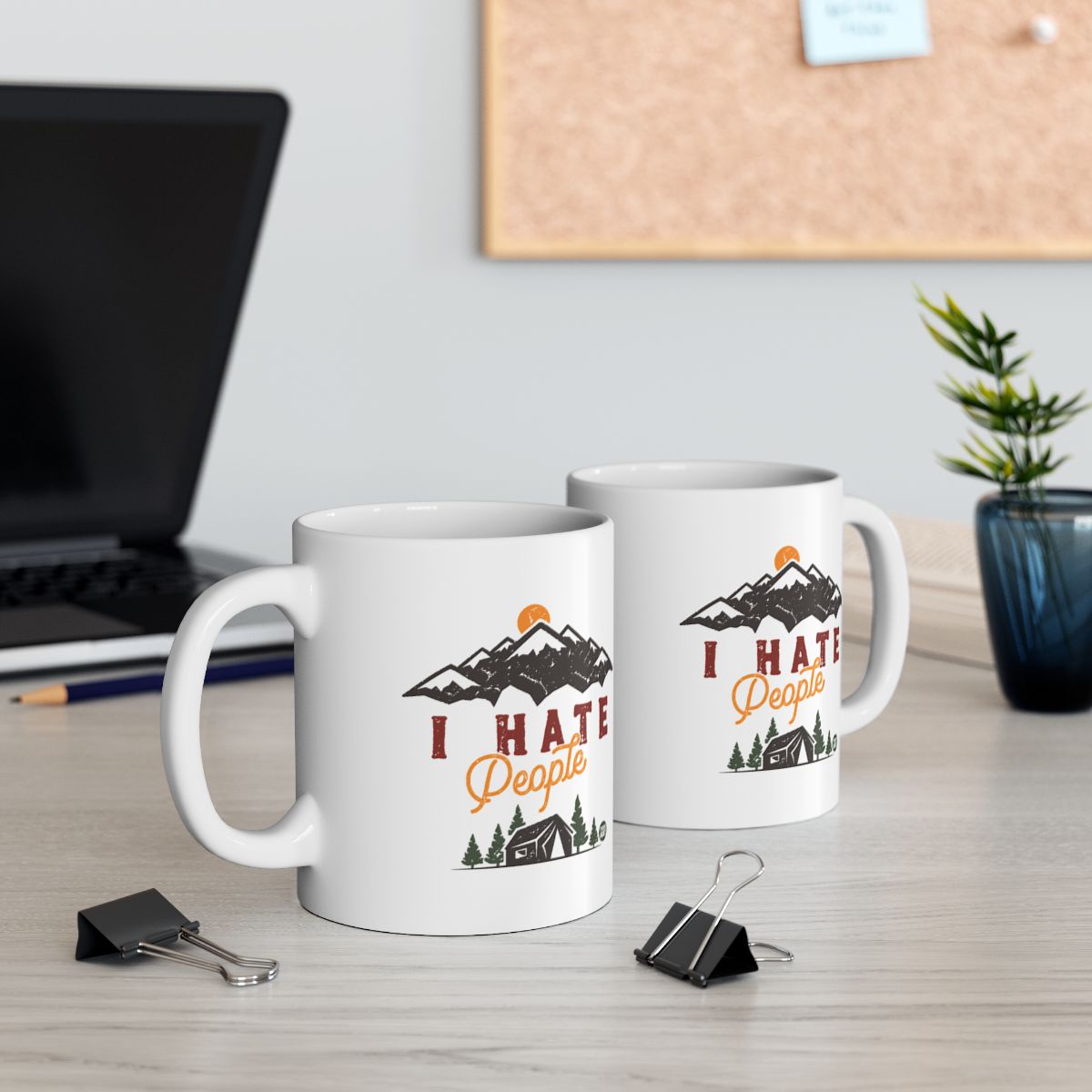 I Hate People Mug with Mountain and Cabin Design