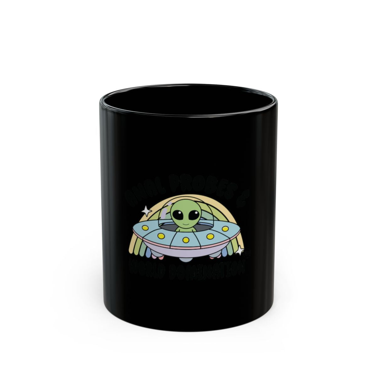 Alien Probes and UFO Black Mug with Colorful Design