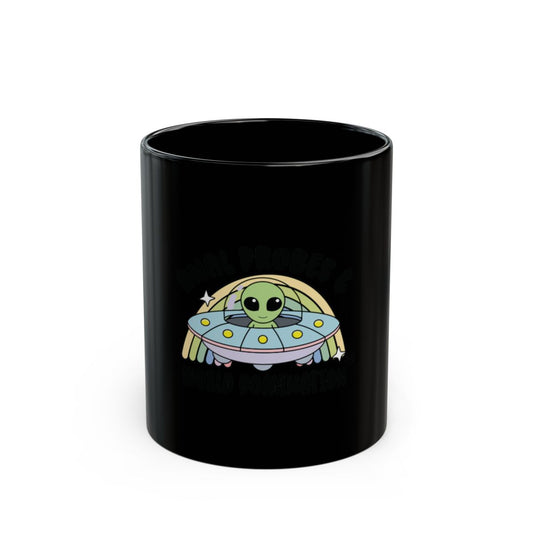 Alien Probes and UFO Black Mug with Colorful Design
