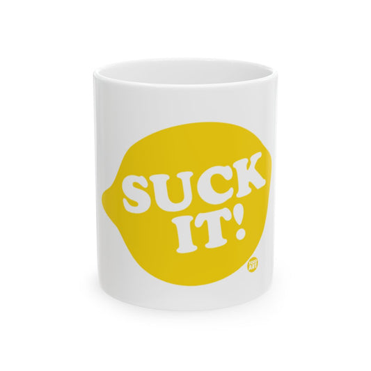 Suck It White Mug With Yellow Lemon Design