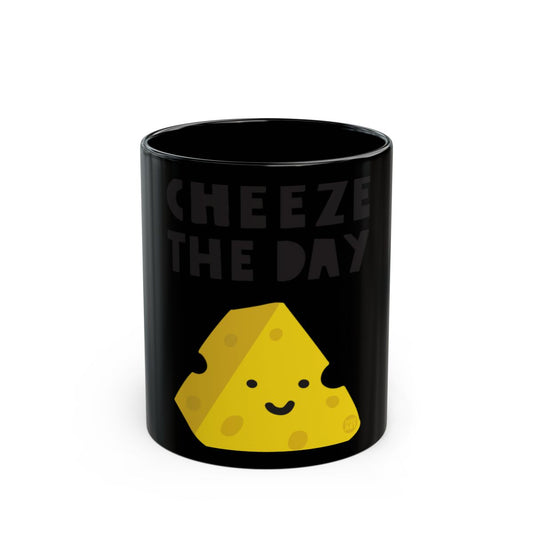 Cheeze the Day Black Mug with Cute Cheese Graphic