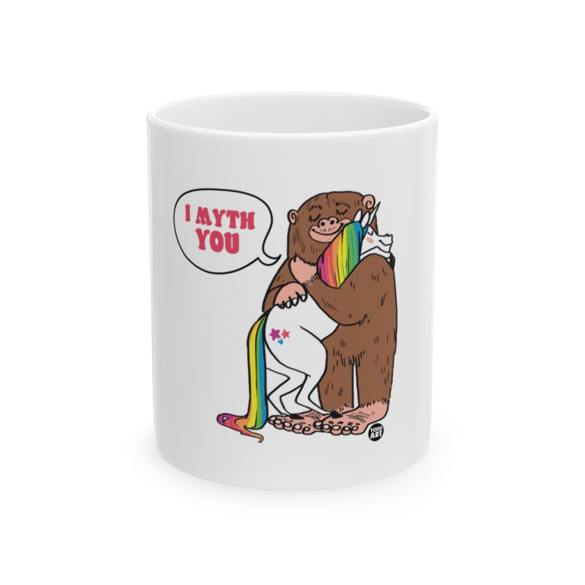 I Myth You Mug with Cute Bigfoot and Unicorn Design