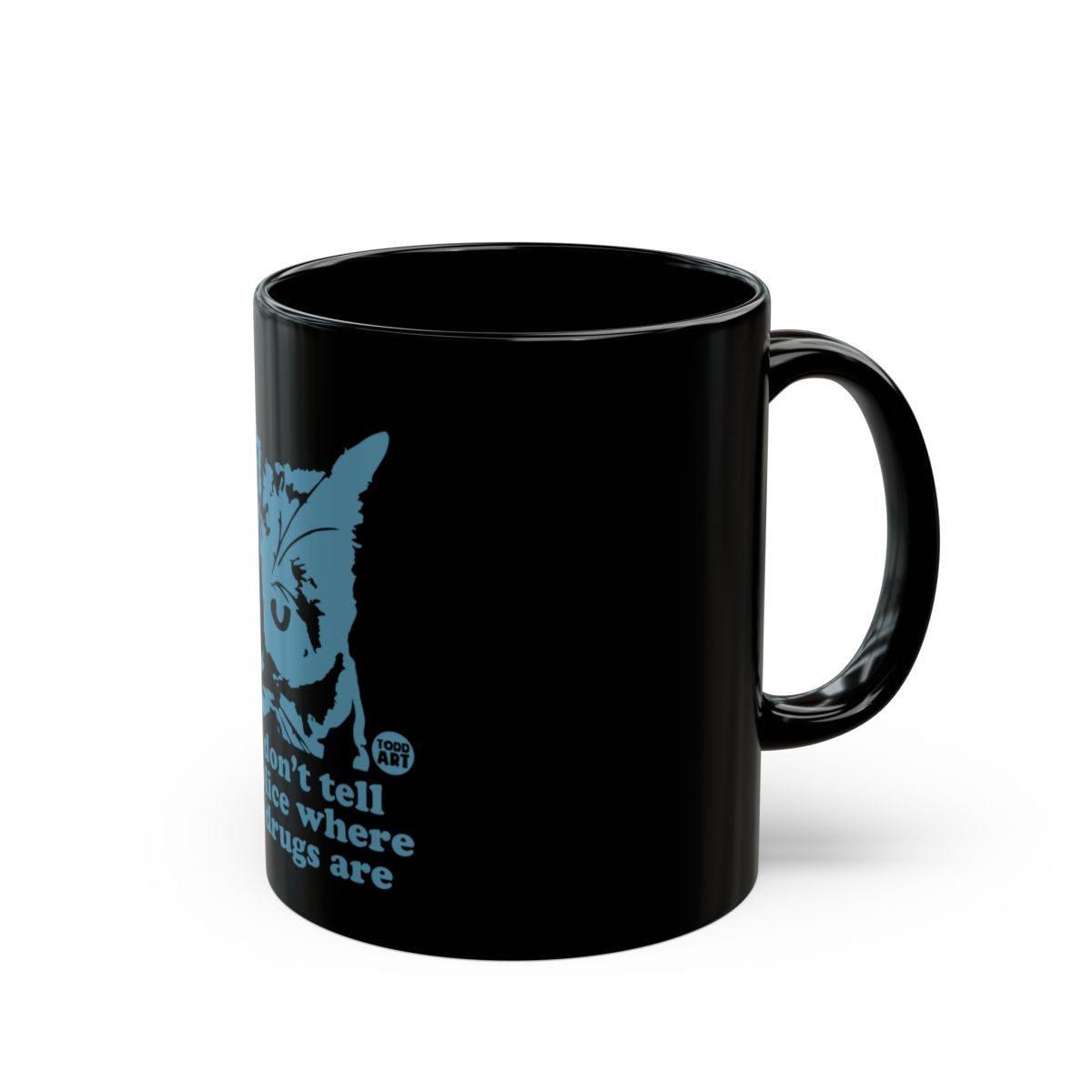 Funny Cat Graphic Mug with Humorous Blue Text