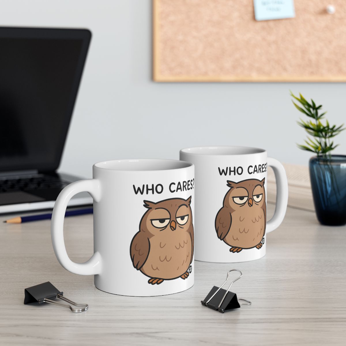Funny Office Desk Owl Mugs with Who Cares Text