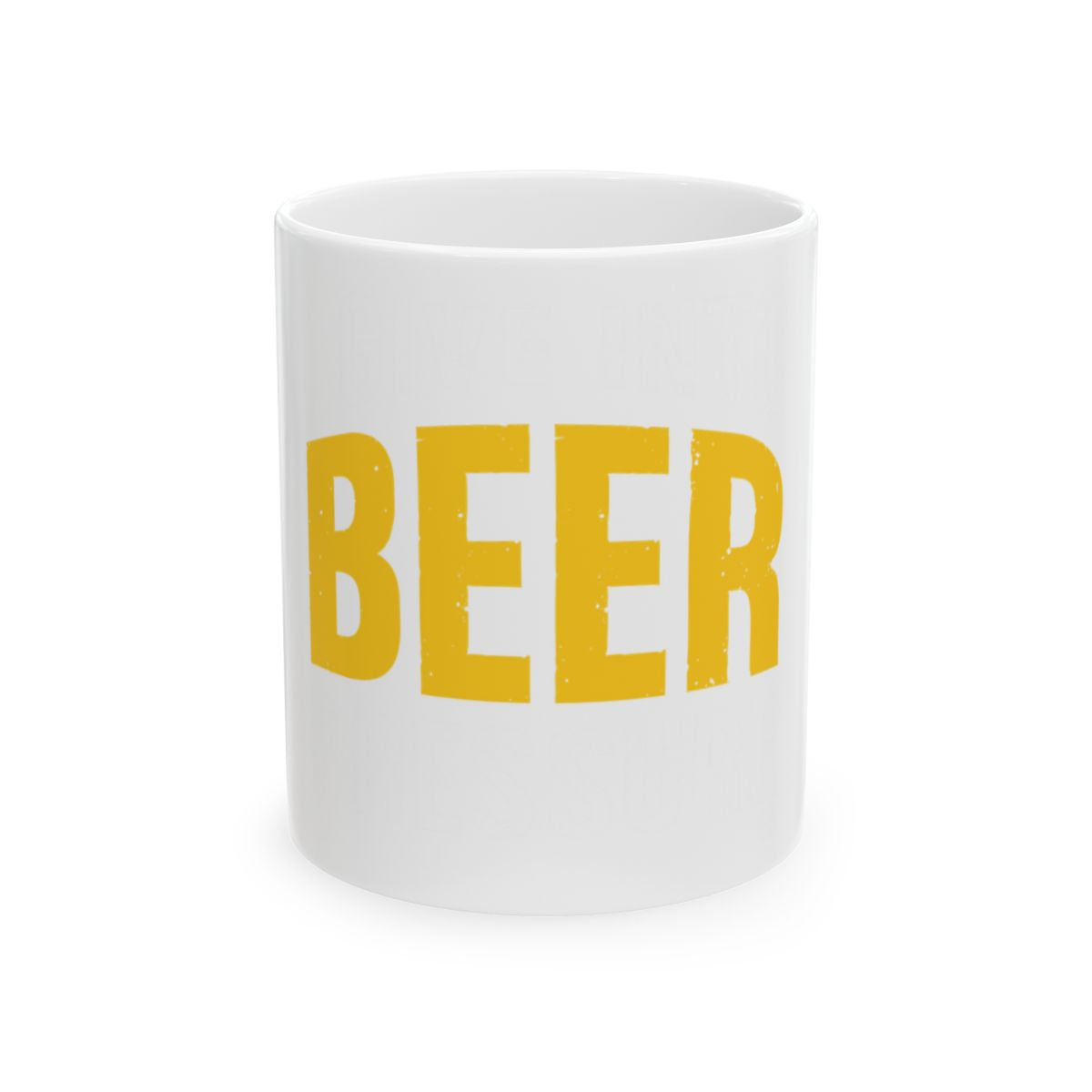 Bold Yellow BEER Text on White Mug